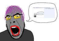 2soyjaks angry glasses grey_skin hair lipstick lolkek open_mouth purple_hair soot_colors soyjak speech_bubble stubble tranny variant:cobson variant:markiplier_soyjak // 1388x978 // 72.2KB