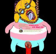 badge blood bloodshot_eyes clothes crying dog ear fat flag full_body glasses greentext hair hanging janny lipstick mustache neovagina nigger no_eyebrows open_mouth purple_hair rope soyjak soyjak_party stubble suicide text tongue tranny variant:bernd yellow // 1416x1346 // 409.4KB