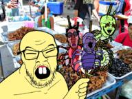 4soyjaks angry animal asian bug china food glasses hand holding_object irl_background kebab market open_mouth small_eyes soyjak stubble variant:feraljak variant:gapejak variant:markiplier_soyjak variant:soyak yellow_skin // 850x638 // 1.0MB