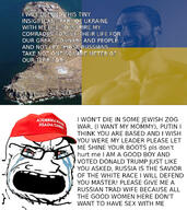 bloodshot_eyes buff clothes crying distorted donald_trump flag gigachad glasses hair hat irl island judaism maga meme open_mouth russia russo_ukrainian_war smile snake_island soyjak stubble text ukraine variant:soyak vladimir_putin war // 1200x1350 // 452.9KB