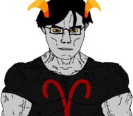 angry aries buff closed_mouth clothes glasses grey_skin hair homestuck horn red_eyes soyjak subvariant:muscular_chud troll_(homestuck) variant:chudjak vein yellow_sclera zodiac // 1059x929 // 42.7KB