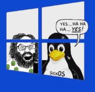 animal beard comic g_(4chan) gimp glasses green_is_my_pepper grey_hair hair linux open_mouth penguin richard_stallman sickos soyjak technology text thinkpad tux variant:feraljak windows // 1170x1130 // 458.7KB