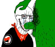 antifa bandana bloodshot_eyes blowjob communism crying frog glasses hammer_and_sickle hand mucus penis pepe soyjak stubble testicles variant:soyak // 1333x1142 // 157.3KB