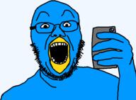 arm beak blue_skin glasses hand holding_object open_mouth phone soyjak stubble twitter variant:unknown // 584x428 // 11.5KB