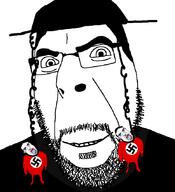 3soyjaks arm beard bloodshot_eyes clothes crying ear full_body glasses hair hand hanging hat judaism leg nazism open_mouth smile soyjak subvariant:chudjak_front swastika tongue variant:chudjak variant:cobson yellow_teeth // 775x849 // 70.2KB