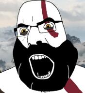 beard glasses god_of_war kratos open_mouth soyjak variant:cobson video_game yellow_eyes // 721x789 // 117.9KB