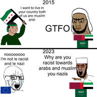 beard bloodshot_eyes brown_skin closed_mouth crying european_union flag glasses islam open_mouth soyjak syria syrian_rebels text variant:chudjak wojak // 3465x3465 // 1010.7KB