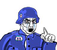 arm bloodshot_eyes blue_hair clothes crying discord fat flag glasses hair hand hat helmet nazbol nazism obese open_mouth soyjak swastika totalitarian tranny variant:chudjak // 1131x982 // 99.9KB