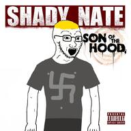 album_cover arm clothes glasses hair music nate nazism open_mouth shady_nate soyjak stubble swastika text tshirt variant:soyak yellow_hair // 1000x1000 // 527.7KB