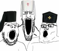 3soyjaks christianity clothes glasses hat open_mouth priest soyjak soyjak_trio stretched_mouth stubble variant:gapejak variant:markiplier_soyjak variant:tony_soprano_soyjak // 679x584 // 251.0KB