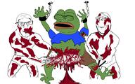 2soyjaks arm blood chainsaw closed_eyes closed_mouth clothes crying frog full_body glasses gore hand hanging holding_object leg open_mouth pepe smile soyjak stubble subvariant:wholesome_soyjak tshirt underpants variant:feraljak variant:gapejak // 5554x3472 // 825.3KB