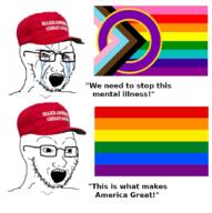 bloodshot_eyes cap clothes country crying donald_trump flag glasses hat lgbt maga open_mouth progress_pride_flag soyjak stubble text united_states variant:soyak // 893x900 // 256.0KB