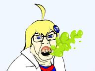 angry bad_breath bad_teeth blue_eyes clothes female gas_cloud glasses knowyourmeme kym_tan open_mouth ornament soyjak variant:feraljak white_skin yellow_hair yellow_teeth // 830x619 // 122.4KB