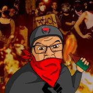 anarchism angry antifa arm bandana black_lives_matter bottle brown_skin cap chaos clothes fire glasses hand hat holding_bottle holding_object hoodie irl_background mask molotov_cocktail raised_fist_(symbol) soyjak stubble variant:feraljak wine // 500x500 // 300.8KB