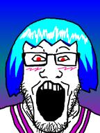 blue_hair colorful colorful_hair glasses open_mouth proxima64 red_eyes soyjak stubble tranny variant:markiplier_soyjak // 600x800 // 29.8KB