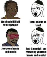 3soyjaks bloodshot_eyes clothes crying_wojak glasses hat judaism kanye_west kike kippah soyjak variant:soyak variant:wojak // 750x909 // 83.3KB