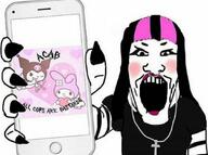 acab arm blush christianity clothes cross female goth hair hand holding_object holding_phone iphone lipstick long_hair makeup my_melody necklace nose_piercing nose_ring painted_nails phone pink_hair police soyjak subvariant:phoneplier subvariant:phoneplier_vertical variant:markiplier_soyjak // 1080x804 // 84.4KB