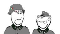 2soyjaks bloodshot_eyes blue_eyes cigarette closed_mouth clothes ear fascism glasses green_eyes hat helmet italian_social_republic italy nazism smile soyjak stahlhelm stubble subvariant:wholesome_soyjak totenkopf variant:gapejak variant:impish_soyak_ears white_skin // 2116x1224 // 152.9KB