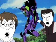 2soyjaks aida_kensuke anime armor brown_hair cloud evangelion_(mecha) evangelion_unit-01 freckles glasses hair mecha neon_genesis_evangelion open_mouth pointing sky soyjak suzuhara_touji tree variant:two_pointing_soyjaks // 640x480 // 548.7KB