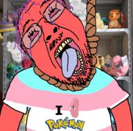 bloodshot_eyes clothes crying flag fume glasses hair hanging heart i_love irl_background logo luvdisc mustache open_mouth pokemon purple_hair rope smoke soyjak stubble subvariant:science_lover suicide text tongue tranny tshirt variant:bernd variant:markiplier_soyjak video_game yellow_teeth // 800x789 // 562.2KB