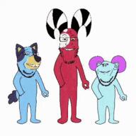 3soyjaks animal animated blitzo_(helluva_boss) blue_skin bluey cartoon closed_mouth dance dancing_trio demon dog ear full_body glasses hair helluva_boss horn pibby purple_hair smile soyjak spindlehorse_toons stubble subvariant:wholesome_soyjak variant:gapejak variant:impish_soyak_ears variant:markiplier_soyjak vivziepop // 360x360 // 229.7KB