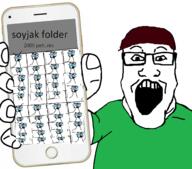 arm brown_hair clothes glasses hand holding_object holding_phone iphone meta open_mouth phone soyjak soyteen subvariant:phoneplier subvariant:phoneplier_vertical tshirt variant:markiplier_soyjak variant:unknown // 2144x1884 // 733.9KB