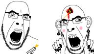 2soyjaks angry bbc blood blush cross_eyed ear earring facial_mark forehead_mark glasses gun hand nose_piercing nose_ring open_mouth painted_nails pistol queen_of_spades soyjak spade stubble subvariant:slutson variant:cobson // 1500x861 // 86.6KB