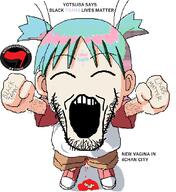 4chan anime antifa black_lives_matter blood blue_hair closed_eyes clothes green_hair hair hand hands_up neovagina penis pink_hair soyjak stubble text tranny trans_rights variant:markiplier_soyjak yotsoyba // 984x1071 // 142.9KB