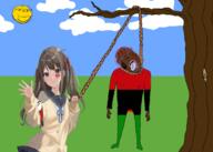 2soyjaks blood bloodshot_eyes brown_hair brown_skin clothes cloud crying david_star flag full_body glasses hair hand hanging heart holding_object holding_rope leg lynching mustache neovagina neuro_sama open_mouth pan_african purple_hair queen_of_hearts queen_of_spades rope school_uniform sky soyjak spade stubble subvariant:wholesome_soyjak suicide sun swastika tattoo text tongue tranny trans_flag tree turtle variant:bernd variant:gapejak vedal vtuber yellow_teeth // 1951x1394 // 822.4KB