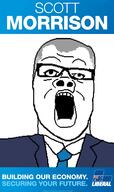 australia clothes corflute glasses grey_hair liberal necktie open_mouth politics scott_morrison soyjak suit text variant:a24_slowburn_soyjak // 454x766 // 137.7KB