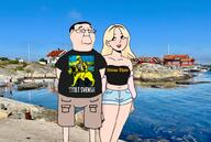 arm cargo_shorts chud clothes enbie glasses hands_behind_back house irl_background jeans leg lion pocket rock shorts sky smile sweden sword torso variant:chudjak water yellow_hair // 990x666 // 148.6KB