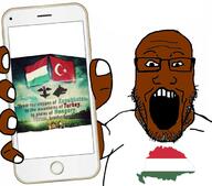 arm brown_skin clothes country flag flag:hungary flag:turkiye glasses hand holding_object holding_phone hungary iphone kazakhstan meme open_mouth phone soyjak stubble subvariant:phoneplier subvariant:phoneplier_vertical text tshirt turan turkiye variant:markiplier_soyjak wolf // 675x593 // 290.3KB