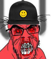 angry baseball_cap blood clothes cracked_teeth ear glasses hat ifunny nosebleed red_eyes red_skin soyjak stubble subvariant:feralrage variant:feraljak // 741x858 // 774.2KB