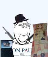 anime clothes fedora firearm gentoo glasses gun hat k_on kotobuki_tsumugi libertarian linux pillow rifle ron_paul smile soyjak stubble subvariant:wholesome_soyjak technology text thinkpad variant:gapejak weapon // 1122x1328 // 808.2KB