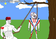 2soyjaks arm assyria bloodshot_eyes buff closed_mouth clothes crying drawn_background ear full_body glasses grass hand hanging hat holding_object holding_rope irl leg lynching mustache neovagina noose open_mouth ottoman_empire outdoors purple_hair rope sayfo smile smug soyjak tongue tree variant:bernd variant:chudjak yellow_teeth // 3465x2451 // 843.8KB