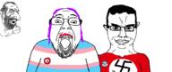 2soyjaks badge clothes ear flag glasses hair happy_merchant judaism mustache nazism open_mouth purple_hair smile smug soyjak stubble subvariant:chudjak_front swastika tranny variant:bernd variant:chudjak // 1192x502 // 122.7KB