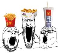 3soyjaks clothes food glasses hat mcdonalds open_mouth soyjak soyjak_trio stretched_mouth stubble variant:gapejak variant:markiplier_soyjak variant:tony_soprano_soyjak // 828x755 // 284.0KB