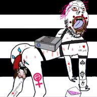 anus ass bloodshot_eyes cuckoldry feminism full_body glasses heart i_lov i_love incest meta:tagme nsfw open_mouth projector prolapse purple_hair queen_of_spades soyjak spade straight stuybble tongue variant:bernd variant:gapejak yellow_teeth // 720x720 // 233.0KB