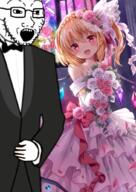 anime arm bowtie clothes flandre_scarlet glasses hand open_mouth soyjak stubble touhou tuxedo variant:soyak video_game // 727x1024 // 941.6KB