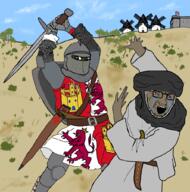 al_andalus arab arm armor belt bloodshot_eyes brown_skin chain_mail christianity clothes crying drawn_background frog glasses hand hat holding_object holding_sword imminent_death islam open_mouth pepe reconquesta soyjak spain stubble sword tagelmust variant:soyak weapon // 1011x1024 // 730.6KB