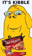 arm box dog ear food glasses hand holding_object hot_pocket its_over janny smile soyjak stubble subvariant:wholesome_soyjak text variant:gapejak yellow_skin // 600x1053 // 248.6KB