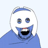 animated blue_background blue_skin clothes demon discord green_eyes hat horn mustache open_mouth red_skin soyjak stubble transformation variant:feraljak yellow_teeth // 680x680 // 955.0KB