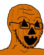 glasses halloween jack_o_lantern open_mouth orange_skin pumpkin soyjak stubble variant:soyak // 644x800 // 28.0KB