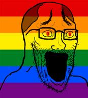 666 brown_hair colorful flag flag:lgbt_pride_flag gay glasses hair lgbt open_mouth red_eyes soyjak stubble variant:unknown // 771x858 // 67.1KB