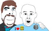 badge black_eyes black_shirt blue_eyes brown_hair closed_mouth crying hamburger hand hand_on_shoulder meme mr_beast sad smile soyjak surprised thick_eyebrows thick_lips thumbnail variant:cobson white_skin youtuber // 1280x720 // 139.8KB