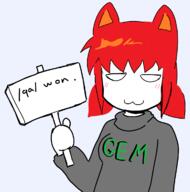 :3 art blush boot cat_ear drawing ear female furry gem holding_object holding_sign qa_(4chan) red_hair shemmy sign skirt smug soygem_party tail variant:tama white_skin // 1174x1184 // 118.8KB