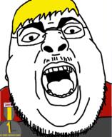 badge clothes fat glasses hair nate open_mouth soot_colors soyjak soyjak_party stubble text tongue variant:chugsjak yellow_hair // 1124x1374 // 756.2KB