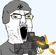 animated clothes firearm firing glasses gun hat helmet holding_gun holding_object holding_rifle military nazism open_mouth rifle soyjak stubble swastika variant:chudjak weapon // 737x714 // 134.2KB