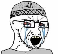 allah angry arabic_text bloodshot_eyes clothes crying glasses hat islam open_mouth soyjak stubble taqiyah variant:soyak // 503x468 // 105.8KB