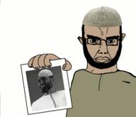 angry animated arab beard bloodshot_eyes brown_skin chud closed_mouth clothes ear gigachad glasses hand holding_object islam looking_at_you photo subvariant:chudjak_front taqiyah thick_eyebrows variant:chudjak // 1200x1029 // 674.2KB